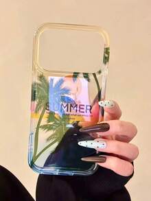 小众ins风夏日日落椰树插画手机壳，兼容苹果17 Pro Max、高端15、新款16 Pro、女士17 Pro，双层14寸全包防震手机壳 - 橘色 - 查看 5