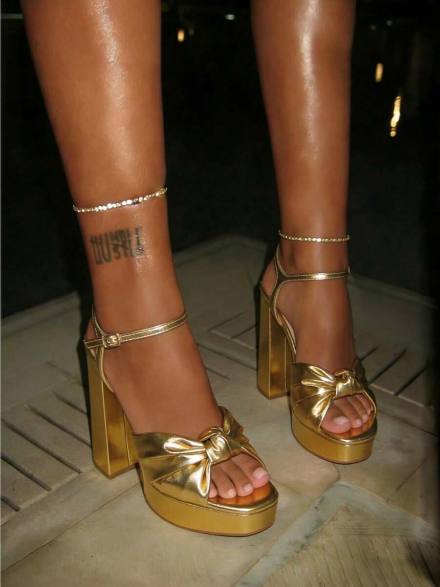 Elegant Platform Sandals For Women Summer Gold Sandals Twist Front Chunky Heel Ankle Strap Heels Detail Prom Heels Zapatos De Mujer Elegantes - 金色 - 查看 1