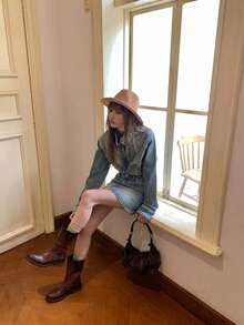 Solid Color Y2K Style High-Waisted Short Casual Denim Skirt For Spring And Summer - Blue - View 6