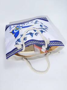 1个大容量希腊海龟印花女士沙滩手提包，绳柄夏季女士单肩包，适合度假和海边旅行， - 彩色 - 查看 8