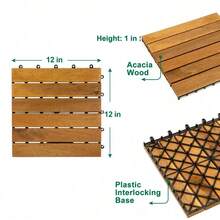 10 Pack Interlocking Acacia Wood And Artificial Grass Deck Tiles, 12"X12", 0.94" Thick, Outdoor Patio Flooring For Garden, Balcony, Entryway, Landscape Edging - Natural - View 4