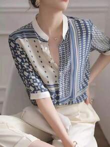 Camicia casual da vacanza estiva con stampa geometrica patchwork - Blu - Visualizzare 5