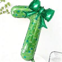 2pcs/Set 40 Inch (101.6cm) Green Pixel Miner Digital Balloon + Green Bow Balloon Set, Green Pixel Theme Round Foil Balloon, Suitable For Birthday Party, Anniversary, Graduation, Mother's Day, Video Game Party Decor (0-9) - Green Grid - View 13