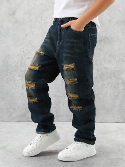 1 chiếc quần jean denim dáng vintage rách rưới cho bé trai, thích hợp cho mùa xuân, hè và thu.