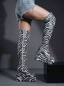 Women's Over The Knee Platform Wedge Heel Boots - Stretchy Faux Leather Thick Sole Side Zipper Party Club Nightout Y2K Fashion Boots - 黑與白 - 查看 5