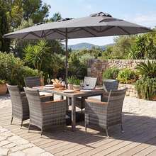 8 PCS Outdoor Wicker Dining Furniture & Double-Sided Umbrella With Solar LED Lights - 灰色的 - 查看 5