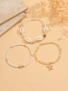 3件套夏季沙滩度假贝壳海星编织绳脚链，波西米亚风串珠珍珠合金吊坠脚链，适合休闲、沙滩、约会等场合佩戴 - 彩色 - 查看 3