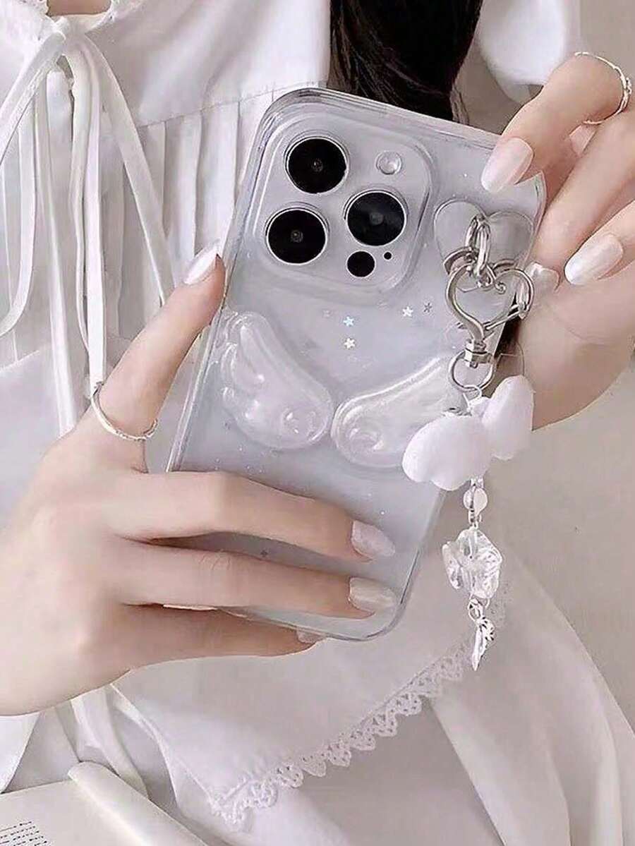 可爱环氧树脂3D闪光翅膀手机壳2件套，适用于 16 Promax，防摔透明闪光手机壳，也适用于 15/17 Promax/13/14/11/12等小巧清新手机保护套，超萌仙女翅膀吊坠 - 翅膀+掛飾 - 查看 1