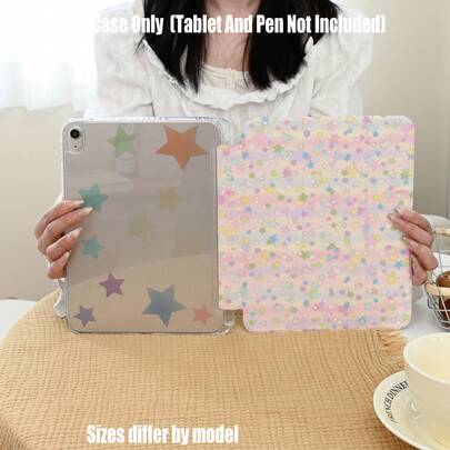 Estuche acrílico transparente de triple pliegue con ranura para lápiz, alta transparencia y resistente a golpes | Soporte de triple pliegue | Almacenamiento de ranura para lápiz | Protección completa y delgada | Recortes precisos. Compatible con iPad Mini 4/5/6/7, 5/6/8/9/10/11, Air 3/4/5/6/7, Pro 10.5/11/12.9/13 pulgadas. Compatible con Galaxy Tab S6Lite/S7/S8/S9/S10/FE/Plus/A8/A9Plus todos los modelos. Patrón mágico del cielo estrellado pastel con un suave degradado arcoíris. Presenta estrellas brillantes en rosa, azul, amarillo y verde.