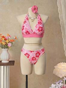 Bellisia 26ss Spring/Summer Vacation Beach Orange Halter Triangle Top & Mini Skirt Bikini 3 Pieces Set , Women's Summer Beach Music Festival Flower Print Skirt Halter Casual Vacation Style Bikini 3-Piece Set, Spring Outfit Women, Skirt Swimwear Set Orange Two Pieces Set Summer Two Pieces Set Summer Skirt And Top Set Vacation Outfits Woman Skirt Set 2000s Dress - 粉色 - 查看 4