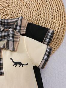 Bộ áo liền quần tay ngắn cổ polo kẻ caro in hình khủng long cho bé trai mùa hè (2 món) - Nhiều màu - Xem 6