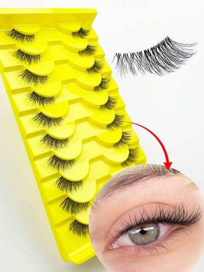 10 pares de pestañas postizas de media-ojo con banda transparente, amigables para el maquillaje natural de ojos. Diseñadas con una raíz de pestaña talla grande ajustada para un uso cómodo. Perfectas para principiantes, livianas y fáciles de aplicar. Reutilizables y duraderas, creando un efecto suave y natural que realza los ojos para el maquillaje diario.
