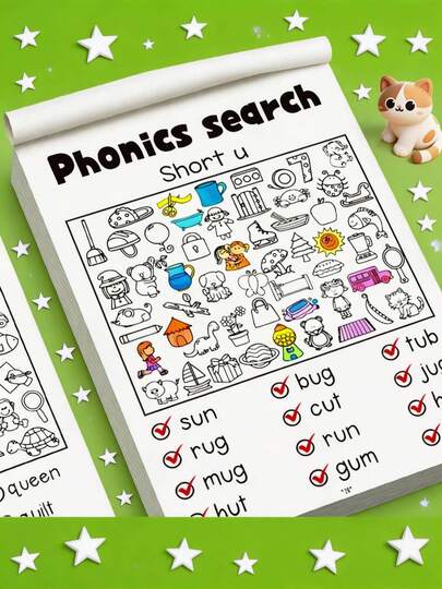 32页英文字母自然拼写单词查找和涂色练习册 | 适合学前班至一年级，趣味英文单词查找书，适合家庭或学校使用，纸质材料，彩色