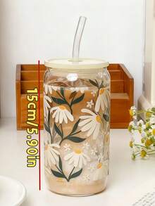 1 Bộ/Cốc uống cà phê sữa đá bằng thủy tinh họa tiết hoa cúc thanh lịch, cốc nước miệng rộng dùng trong gia đình, cốc trà xanh có ống hút, bộ ly uống nước bằng thủy tinh có ống hút trang nhã, cốc có ống hút thời trang - Nhiều màu - Xem 4