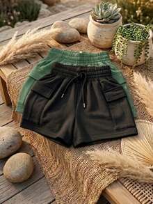 Kit Of 2 Women's Cargo Shorts, Lightweight Fleece, Loose Fit, Comfortable Cotton Fabric, Cargo Style, Perfect For Tea Parties And Summer. - 黑/綠 - 查看 1