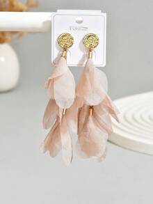 1 Đôi bông tai dài bằng vải họa tiết hoa thời trang dành cho nữ, thích hợp cho kỳ nghỉ và hoạt động ngoài trời. - Màu kaki nhạt - E1341 - Xem 5