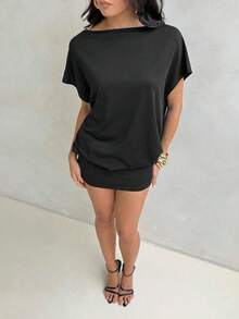 Vestido Corto Ajustado con Espalda Descubierta y Lazada - Diseño Francés Elegante, Escote Drapeado con Abertura para Mujer - Negro - Ver 5