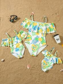 Family Matching Swimsuit Pineapple Print Ruffle Hem One Piece Bathing Suit For Women And Kids Girls Summer Beachwear Swim Trunks For Men And Boys Summer Vacation Swimwear For Whole Family - Phụ nữ - Xem 3