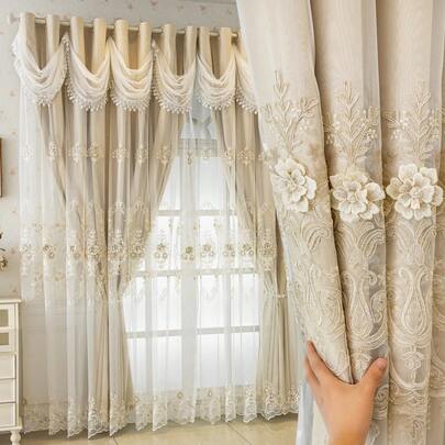 1 chiếc rèm hai lớp kiểu Châu Âu, lớp trên cùng có trang trí ren thêu, cản sáng tốt, lớp dưới cùng là vải voan mỏng và vải polyester dày dặn, thích hợp cho phòng khách, phòng ngủ, phòng ăn, trang trí nhà cửa cho tiệc tùng và ngày lễ, mang đến vẻ sang trọng.