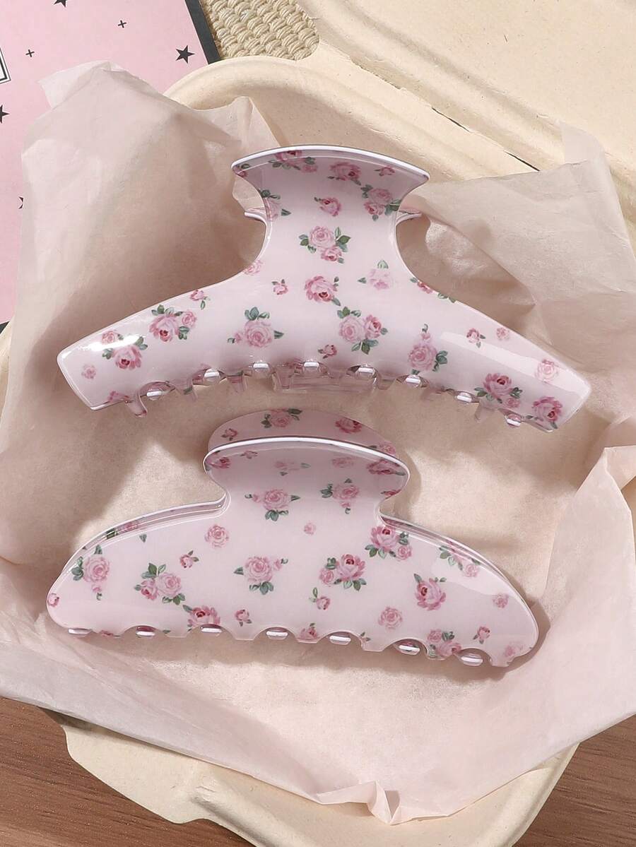 2个粉色玫瑰印花一体式半圆形亮面发爪夹，温柔少女法式浪漫风，百搭休闲发饰，适用于马尾辫、丸子头、刘海，夏季、度假、旅行 - 彩色 - 查看 1