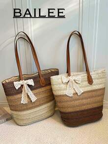 BAILEE Una borsa a tracolla estiva alla moda e casual, con tema vacanziero, progettata con un fiocco decorativo a tre colori in contrasto. Realizzata in materiale PU, con capacità sufficiente per contenere creme solari, abbigliamento, laptop/tablet, cappelli da sole e altri articoli. Può essere portata a mano o a spalla, molto adatta per uscite quotidiane, shopping rilassante, vacanze al mare e un regalo ideale per famiglia, amici o i propri cari. - Multicolore - Visualizzare 2