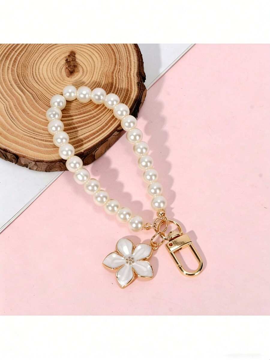 1 pieza Nuevo llavero con colgante de flor con perlas falsas de estilo minimalista Ins para mujer, decoración de bolso y funda de teléfono - Blanco - Ver 1