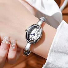 New Stainless Steel Strap Quartz Watch, Minimalist Fashionable Versatile Oval Dial Ladies Wristwatch - Silver Ribbon On White Background - View 8
