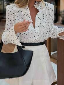 Look Polly 女士优雅波点V领衬衫，喇叭袖宽松休闲上衣，适合派对和日常穿着 - 白色 - 查看 2