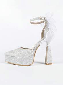 Women's High Heel Sandals, Platform, Pointed Toe, Bow Decor, Strap, Satin, White Closed Toe, Comfortable & Breathable, Suitable For Daily Wear & Dates - Silver - View 6