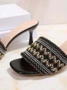 Square Toe Vintage Embroidered Fashionable Versatile High Heel Sandals, Suitable For Commuting, Dating, Business Wear In Summer - Black - View 5