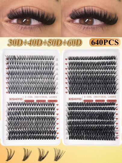 640/640/608 sợi mi giả riêng lẻ, hộp lớn, độ dài hỗn hợp 10-16mm, mi giả dạng chùm cho người mới bắt đầu tự làm tại nhà, bộ nối mi, mi giả dạng chùm, mi giả riêng lẻ, mi giả.