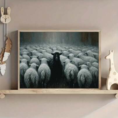 1pc Black Sheep In White Flock Canvas Art Print - Frameless Wall Decor For Living Room, Bedroom, Office, Bar, Cafe - Ideal Gift For Thanksgiving, Halloween, Christmas, New Year'S Day, Sheep Decor,Living Room Deccor Paintings