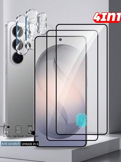 [4-In-1] 2pcs Ultra-Clear Screen Protector + 2pcs Camera Lens Protector For Galaxy S26 Ultra/S26/S26+/S25/S24/S23/S22/S21, [Supports Fingerprint Unlock], Anti-Scratch, Bubble-Free, 9H Hardness Glass, 0.18mm Ultra-Thin Fingerprint Unlock, Anti-Scratch And Anti-Drop, Precise Camera Cutout, Suitable For Smartphone Camera