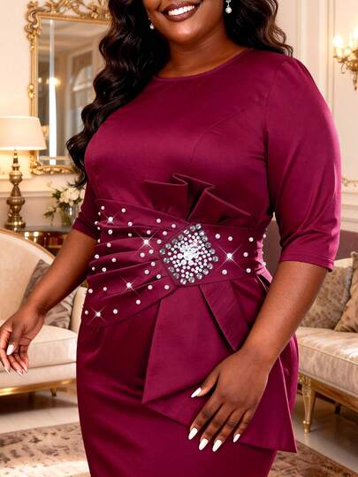 Plus Size Women's Elegant Burgundy Mermaid Dress With Ruched Rhinestone Waist Decor, Suitable For Cocktail Party, Wedding Guest Spring