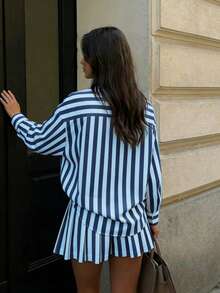 2pcs Women's Elegant Solid Color & Striped Contrast Button Design Minimalist Suit, Suitable For Daily Outings, Commuting, Street Style Wear, Spring/Summer - Blue - View 2