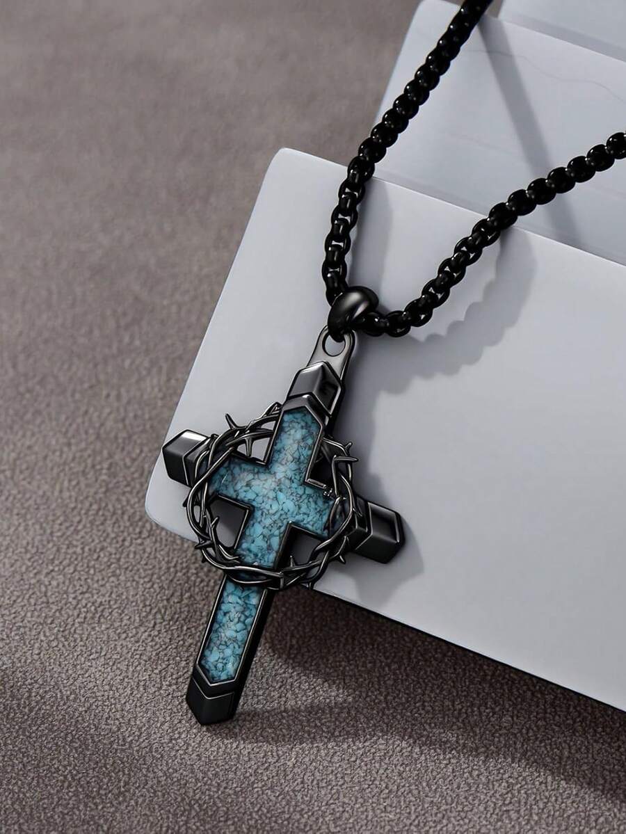 1pc Thorn Wrapped Cross Faux Turquoise Necklace, Hollow Black Punk Style, Suitable For Men's Party, Daily Wear, Music Festival - Black - View 1