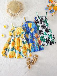 Bộ 3 món váy ngủ dáng chữ A rộng rãi phong cách Bohemian mùa hè cho bé gái, in họa tiết cỏ ba lá và hoa hồng, thích hợp đi biển. - Nhiều màu - Xem 1