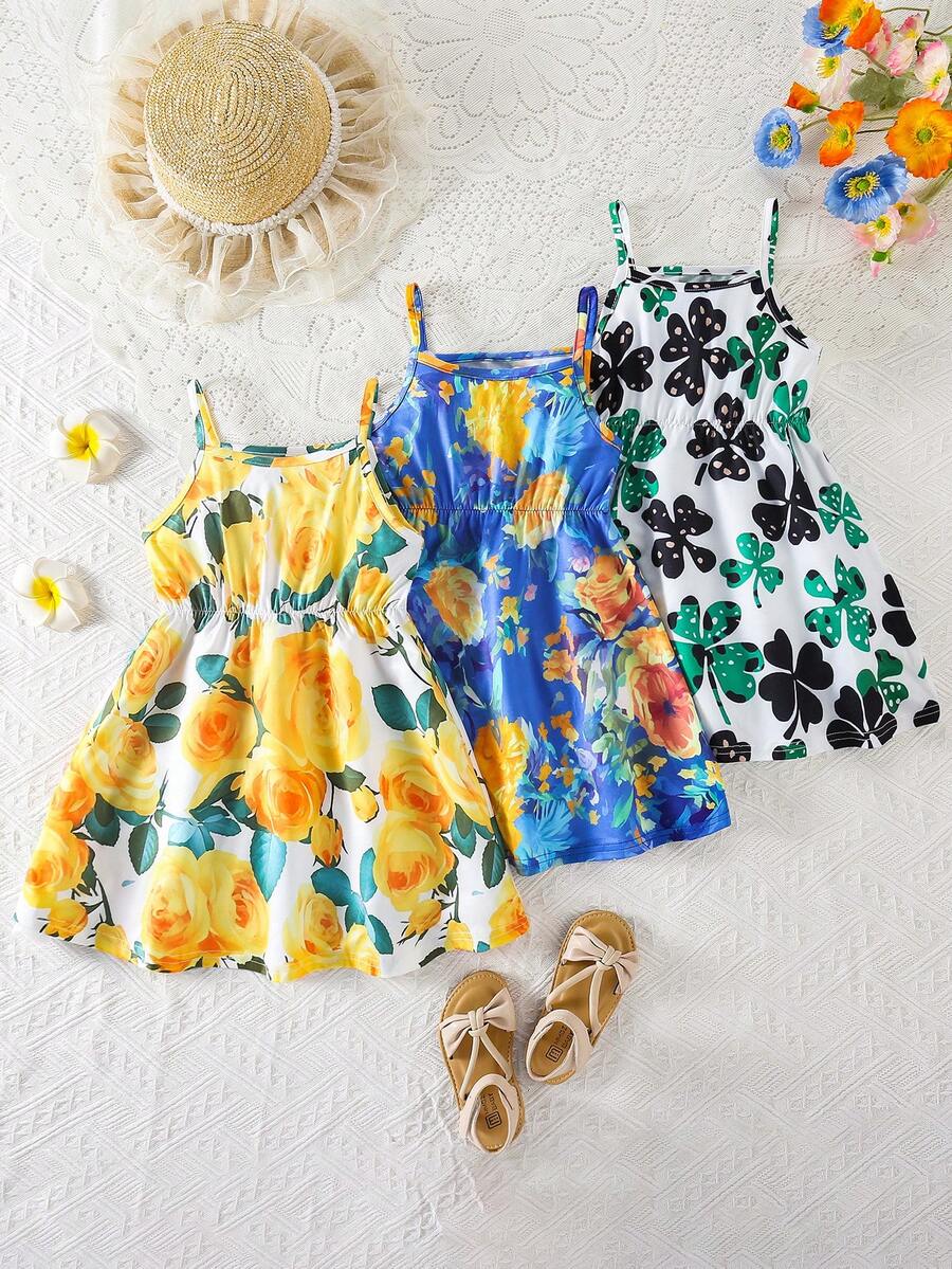 Bộ 3 món váy ngủ dáng chữ A rộng rãi phong cách Bohemian mùa hè cho bé gái, in họa tiết cỏ ba lá và hoa hồng, thích hợp đi biển. - Nhiều màu - Xem 1