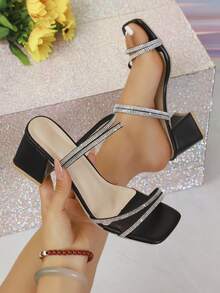 Women's Casual Fashionable Versatile Spring/Summer Rhinestone Strap Thick High Heel Sandals - Black - View 9