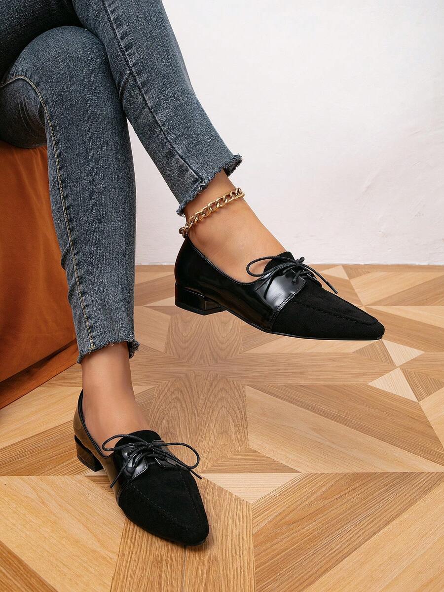 Women's Flat Thick Heel High Heel Pointed Toe Retro Style Lace-Up Loafers, Campus Brogues, Slip-On Loafers, Women's Small Leather Shoes, Mid-Heel Mary Janes, Black Shoes, British Style Thick Heel Shoes - Black - View 1