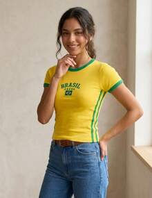 Brazil Women's Yellow T-Shirt, World Cup Ringer Tee Style, Baby Look Slim Fit, 100% Cotton, 2026 - Yellow - View 1