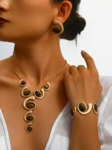 Bộ trang sức vàng 4 món thời trang, kiểu dáng phóng khoáng, mới lạ, sang trọng dành cho nữ, gồm dây chuyền/bông tai/vòng tay. - màu nâu - Xem 4
