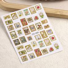 复古做旧镀金雕花相框美甲贴纸，可爱卡通蝴蝶和蘑菇美甲贴纸装饰，防水一次性美甲贴，玫瑰相框花朵美甲贴纸 - 彩色 - 查看 3