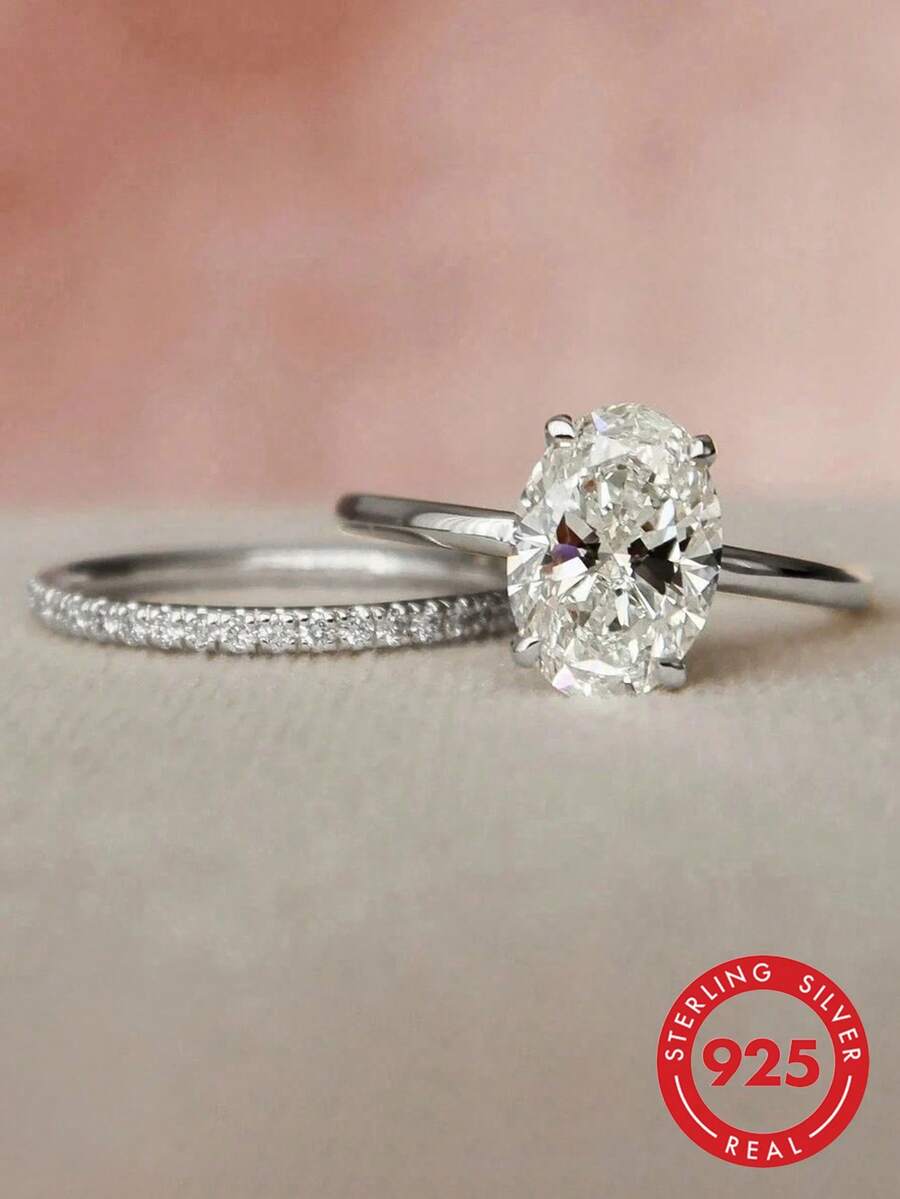 Bộ 2 chiếc nhẫn bạc Sterling 925 & 925 hình oval 2 carat, nhẫn nữ thanh lịch phù hợp cho hẹn hò, tiệc tùng, kỷ niệm, có thể đeo chồng lên nhau, món quà trang sức tinh tế dành cho phụ nữ.