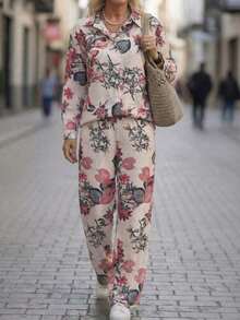 2pcs Vintage Print Set, Comfortable & Versatile, With Lapel Wide-Leg Pants; Suitable For Airport, Island Vacation Or Daily Shopping Spring - Pink - View 3