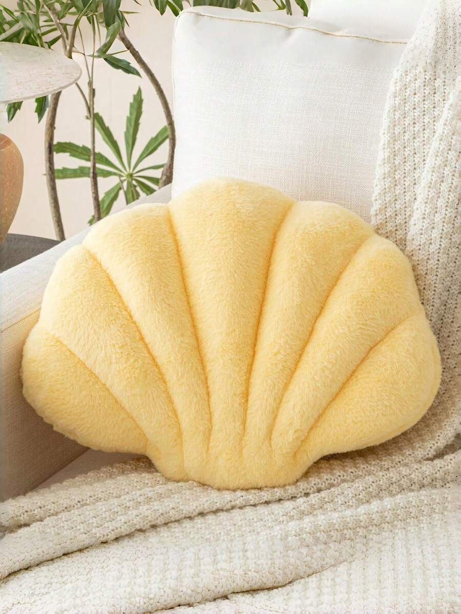 柔软仿毛皮贝壳装饰抱枕,适用于沙发和床,贝壳造型装饰枕,海洋风格靠垫,时尚沙滩风装饰枕,家居装饰 - 黃色 - 查看 1
