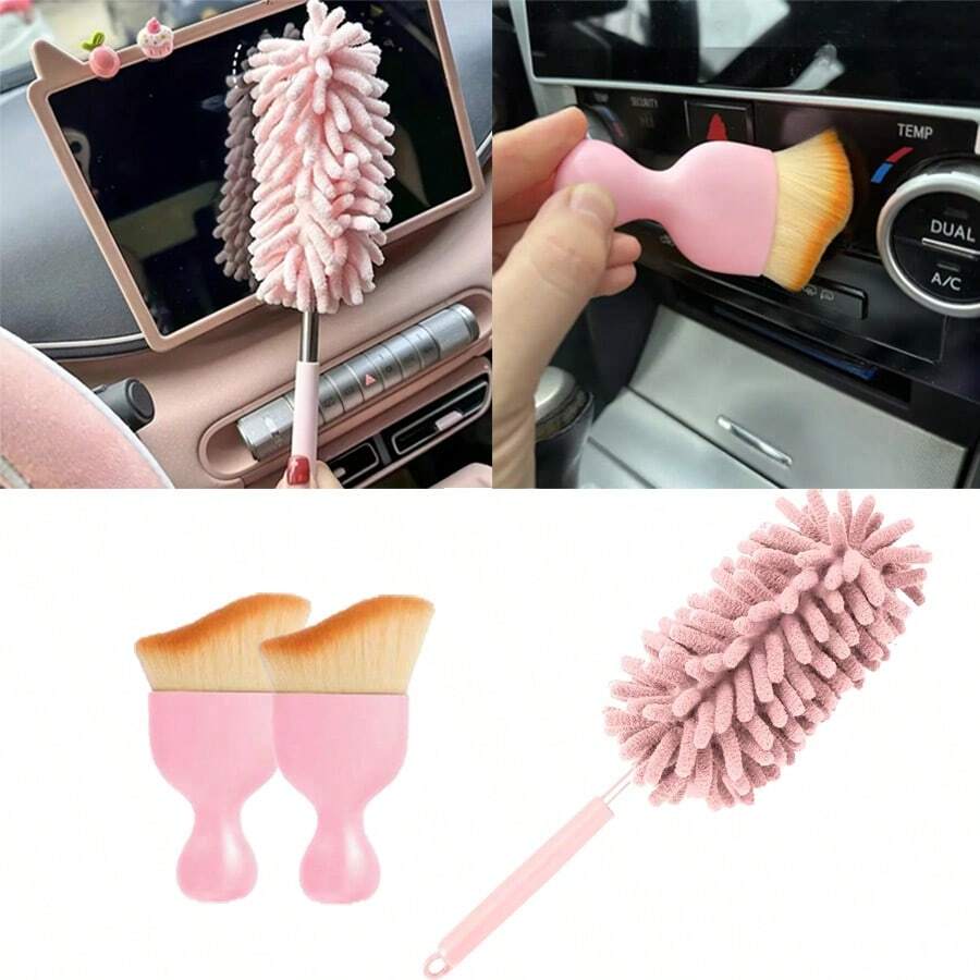 Bộ 3 chổi quét bụi mini cho ô tô, chổi vệ sinh nội thất màu hồng, chổi lông mềm dùng để làm sạch bụi trong cửa gió và những không gian hẹp, dụng cụ quét bụi bằng sợi microfiber có thể thu gọn và uốn cong, chất liệu sợi polyester, loại bỏ bụi bẩn hiệu quả (27-76cm)