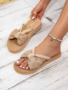 Sandalias planas para mujer, sandalias planas con lazo en camel, albaricoque, caqui, marrón para el verano, adecuadas para la playa, viajes y uso al aire libre - Camel - Ver 2