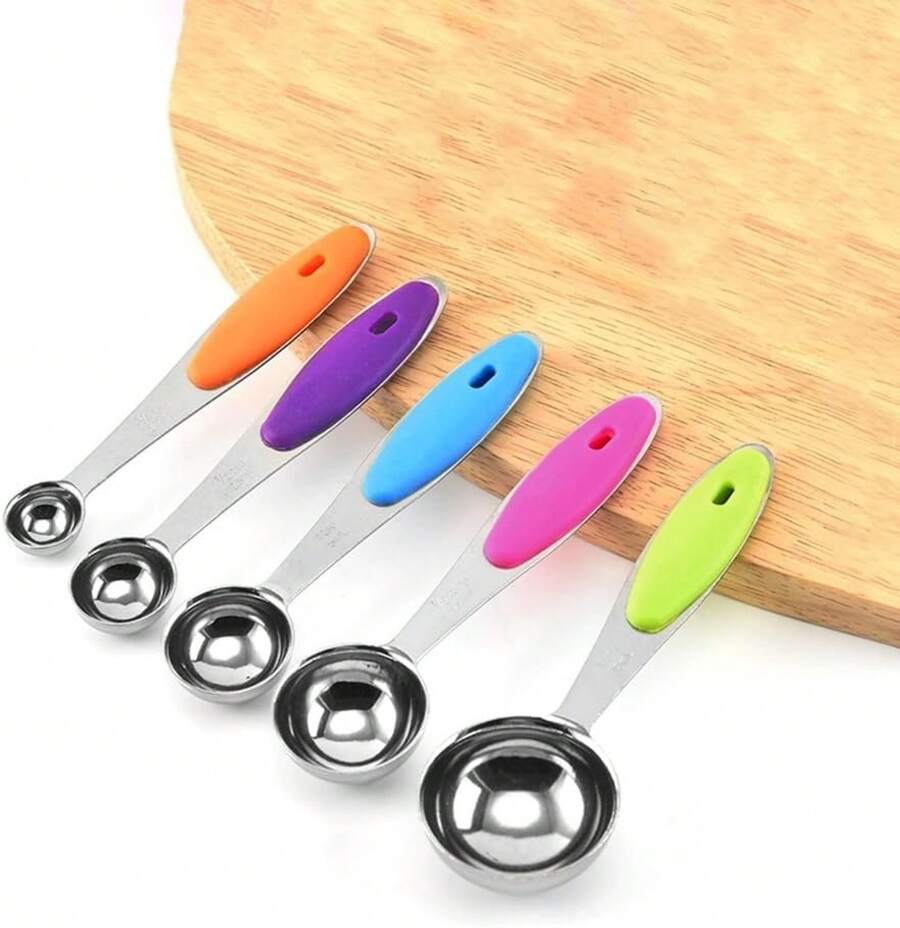 5-Piece Stainless Steel Measuring Spoons Set With Silicone Handles, Ideal For Kitchen