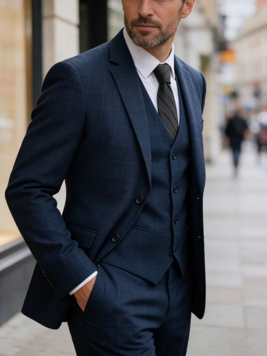 3pcs Men's Plaid Gentleman Suit Set Jacket Vest Pants Slim Suit Versatile For Casual Business Party Wedding Stage Show Blue Size XS-XXXL Fall Winter Clothes For Men - 霧霾藍 - 查看 1